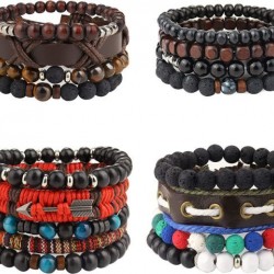 4 Sets Braided Leather Bracelets For Men Women Multilayered Viking Tribal Bracelets Beads Hemp Faux Leather Wristbands Punk Adjustable